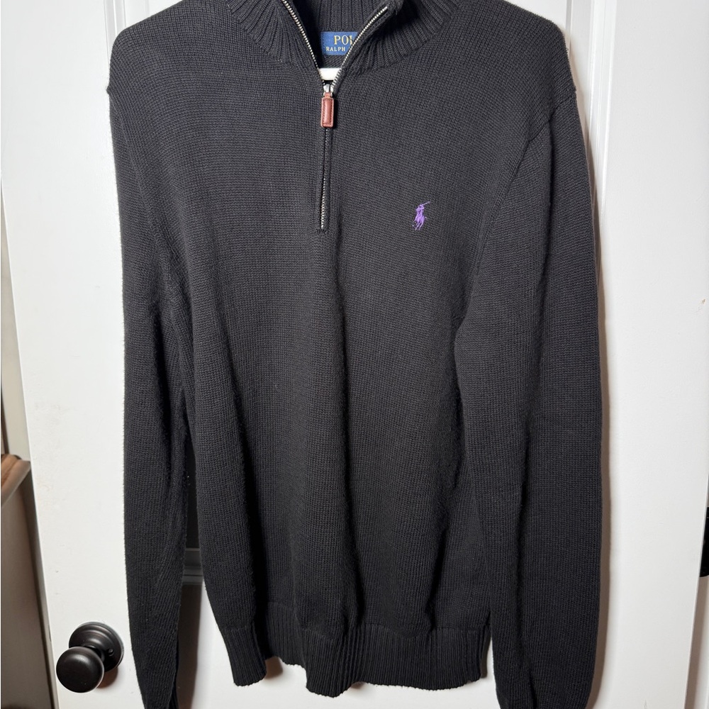 Polo Ralph Lauren Qtr Zip Sweater M Black Cotton Mock Neck Pullover Purple Pony - Picture 4 of 6